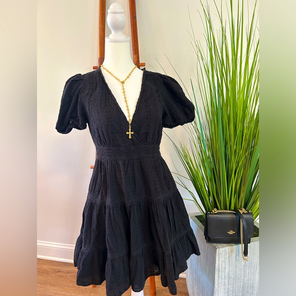 ZARA-Women's V-Neck with Bubble Puff Sleeve Mini Dress